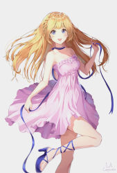 Rule 34 | 1girl, :d, artist name, bare arms, bare legs, bare shoulders, blonde hair, blue choker, blue eyes, blue footwear, blue ribbon, blush, braid, breasts, choker, collarbone, dress, female focus, floating hair, french braid, grey background, hand up, happy, high heels, highres, la campanella, lavender dress, leg up, legs, long hair, looking at viewer, medium breasts, neck, open mouth, original, ribbon, ribbon choker, round teeth, shade, simple background, smile, solo, standing, standing on one leg, strapless, strapless dress, teeth, upper teeth only, very long hair