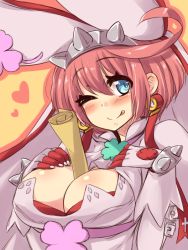 Rule 34 | 1girl, ;p, ahoge, belt, between breasts, blue eyes, blush, body blush, breast suppress, breasts, cleavage cutout, clothing cutout, clover, dress, elphelt valentine, esoragoto, fingernails over gloves, four-leaf clover, gloves, guilty gear, guilty gear xrd, hairband, heart, large breasts, long sleeves, looking away, one eye closed, orange background, outline, pink hair, puffy long sleeves, puffy sleeves, short hair, smile, solo, spikes, tongue, tongue out, white dress, white gloves