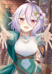 Rule 34 | 1girl, :d, absurdres, antenna hair, bare shoulders, blush, brick wall, christmas, christmas tree, detached sleeves, dress, elf, flower, furnace, hair between eyes, hair flower, hair ornament, highres, i tamima, indoors, kokkoro (princess connect!), light purple hair, looking at viewer, open mouth, pointy ears, princess connect!, reaching, reaching towards viewer, red eyes, see-through, see-through sleeves, short hair, sleeveless, sleeveless dress, smile, solo