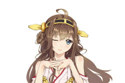 Rule 34 | 10s, 1girl, ahoge, bad id, bad pixiv id, bare shoulders, blush, brown eyes, brown hair, double bun, hair bun, headgear, interlocked fingers, jiu tiao, kantai collection, kongou (kancolle), long hair, looking at viewer, nontraditional miko, one eye closed, simple background, smile, solo, upper body, white background