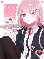 1girl absurdres blush breasts brown_hair collared_shirt danganronpa_(series) danganronpa_2:_goodbye_despair flipped_hair galaga hair_ornament highres jacket long_sleeves looking_at_viewer medium_hair nanami_chiaki neck_ribbon open_clothes open_jacket pink_eyes pink_ribbon plate ribbon shirt solo spaceship_hair_ornament su_no_(su_no090) white_shirt