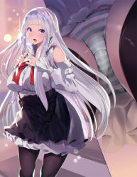Rule 34 | 1girl, bag, bare shoulders, black skirt, blue eyes, blunt bangs, blush, breasts, commentary request, crotch, detached sleeves, frilled skirt, frills, from below, handbag, highres, large breasts, long hair, long sleeves, looking at viewer, multiple views, nail polish, noto kurumi, open mouth, original, paid reward available, panties, shirt, silver hair, skirt, striped clothes, striped panties, thighhighs, underwear, white shirt, wide sleeves