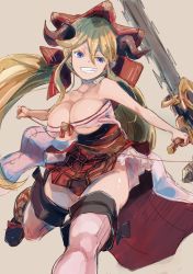 Rule 34 | 1girl, blonde hair, bow, breasts, cable, chain, cleavage, draph, granblue fantasy, grin, groin, hair bow, hallessena, highres, horns, large breasts, long hair, low twintails, plaid, plaid skirt, reverse grip, skirt, smile, solo, strapless, tube top, twintails, yohane
