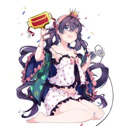 Rule 34 | 1girl, barefoot, blue eyes, collarbone, controller, crown, detached sleeves, full body, holding, long hair, mini crown, one eye closed, open mouth, pajamas, polka dot, sitting, solo, transparent background, trophy, twintails, very long hair, wariza, wide sleeves
