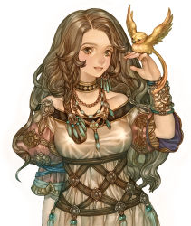 Rule 34 | 1girl, bird, braid, brown eyes, brown hair, choker, druid master, jewelry, long hair, looking at viewer, maggi, necklace, official art, simple background, solo, tree of savior