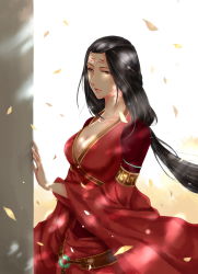 Rule 34 | 1girl, ayou (kuma), black hair, breasts, brown eyes, character request, cleavage, dress, forehead tattoo, gujian qitan, highres, large breasts, long hair, long sleeves, low ponytail, o-ring, petals, red dress, simple background, solo, standing, very long hair, white background, wide sleeves