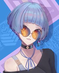 Rule 34 | 1girl, black shirt, blue hair, choker, commentary, earrings, english commentary, girls&#039; frontline, griffin &amp; kryuger, head tilt, highres, jewelry, looking at viewer, orange eyes, shirt, short hair, single earring, solo, tinted eyewear, upper body, yellow-tinted eyewear, yinyun, zas m21 (girls&#039; frontline)