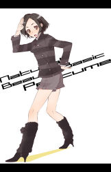 Rule 34 | 1girl, black hair, boots, brown eyes, fashion, hand on own hip, high heels, jacket, letterboxed, nocchi (perfume), open mouth, perfume (band), salute, sasetsu, shoes, short hair, shorts, solo