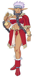 1girl armlet axe bandana bracelet chain chain_earrings chain_leash clenched_hand dark-skinned_female dark_skin earrings full_body grandia grandia_i half_capelet highres holding holding_axe holding_weapon jewelry leash long_pointy_ears midriff milda_(grandia) muscular muscular_female pointy_ears poppoqo red_footwear short_hair shoulder_spikes simple_background spiked_bracelet spikes very_long_ears weapon white_background yellow_eyes