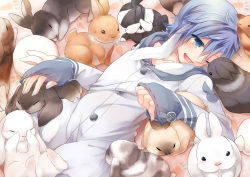 Rule 34 | 1boy, :d, animal ears, blue eyes, blue hair, blue nails, blush, buttons, eyebrows, food print, hair between eyes, kaito (vocaloid), kemonomimi mode, long hair, lying, male focus, matching hair/eyes, nail polish, on back, open mouth, project diva (series), rabbit, rabbit ears, shinyae, sleeves past wrists, smile, solo, surrounded, too many, too many rabbits, vocaloid