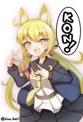 Rule 34 | 1girl, animal ears, black skirt, blonde hair, blue jacket, commentary request, cowboy shot, crescent, crescent pin, fox ears, fox shadow puppet, jacket, kantai collection, kemonomimi mode, kinubari nerune, long hair, long sleeves, looking at viewer, low twintails, neckerchief, one-hour drawing challenge, open mouth, pleated skirt, satsuki (kancolle), satsuki kai ni (kancolle), shirt, skirt, smile, solo, twintails, white background, white shirt, yellow eyes, yellow neckerchief
