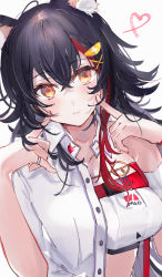 Rule 34 | 1girl, animal ear fluff, animal ears, black hair, blush, breasts, brown eyes, character name, closed mouth, collared shirt, commentary request, crop top, dress shirt, fingers to cheeks, hair between eyes, hair ornament, hairclip, heart, highres, hololive, jewelry, large breasts, long hair, looking at viewer, multicolored hair, ookami mio, open clothes, open shirt, red hair, ring, shia job, shirt, solo, streaked hair, upper body, virtual youtuber, white background, white shirt, wolf ears, x hair ornament