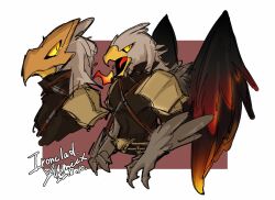 Rule 34 | 1boy, armor, beak, belt, feathered wings, male focus, mask, multiple views, open mouth, simple background, slay the spire, the ironclad, tongue, whitose, wings, yellow eyes