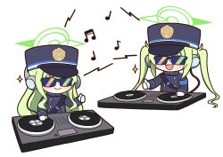 Rule 34 | 2girls, achilles (yosshyachillesd), beamed sixteenth notes, black hat, black jacket, black tail, blue archive, demon tail, eighth note, full body, gloves, green hair, green halo, halo, hat, headphones, highres, hikari (blue archive), jacket, long hair, long sleeves, multiple girls, musical note, nozomi (blue archive), peaked cap, quarter note, siblings, simple background, sisters, sunglasses, tail, twins, white background, white gloves