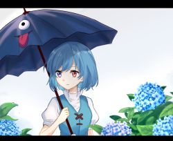 Rule 34 | 1girl, arm at side, arm up, blue eyes, blue hair, blue vest, blurry, breasts, cloud, cloudy sky, commentary request, depth of field, expressionless, flower, heterochromia, high collar, highres, holding, holding umbrella, hydrangea, karakasa obake, leaf, letterboxed, looking to the side, outdoors, puffy short sleeves, puffy sleeves, raki (for03ge), red eyes, shirt, short hair, short sleeves, sky, small breasts, solo, standing, tatara kogasa, touhou, umbrella, upper body, vest, water drop, white shirt