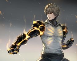 Rule 34 | 1boy, black sclera, blonde hair, blouse, clenched hands, closed mouth, collared shirt, colored sclera, cyborg, earrings, fighting stance, frown, genos, glowing, grey background, hair between eyes, haoni, jewelry, male focus, mechanical arms, one-punch man, pants, shirt, single mechanical arm, solo, sparks, standing, v-shaped eyebrows, white shirt, yellow eyes