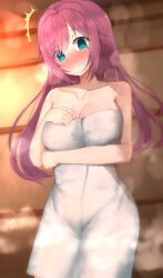 Rule 34 | 1girl, @ @, absurdres, aqua eyes, arm under breasts, bare arms, bare shoulders, bathroom, blush, breasts, cleavage, closed mouth, collarbone, eyelashes, full-face blush, furrowed brow, hand on own chest, head tilt, highres, indoors, large breasts, long hair, looking at viewer, maniwa roka, mole, mole under eye, naked towel, nervous smile, nodoameyatou, parted bangs, purple hair, senren banka, sidelocks, smile, solo, standing, steam, surprised, towel, white towel