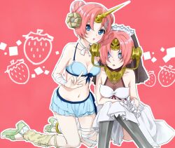 Rule 34 | 2girls, bandaged arm, bandaged leg, bandages, bare shoulders, bikini, blue bikini, blue eyes, blush, breasts, bridal veil, cleavage, double bun, dress, dual persona, fate/grand order, fate (series), food, frankenstein&#039;s monster (fate), frankenstein&#039;s monster (swimsuit saber) (fate), fruit, gloves, hair bun, hair ornament, hair over eyes, hair over one eye, horns, kneeling, looking at viewer, mechanical horns, medium breasts, minase lemon, multiple girls, navel, open mouth, pink hair, red background, see-through, see-through cleavage, short hair, single horn, sitting, stomach, strawberry, swimsuit, veil, w, wedding dress, white dress, white gloves