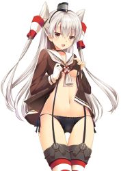 Rule 34 | 10s, 1girl, amatsukaze (kancolle), black panties, blush, breasts, clothes lift, dress, garter straps, gloves, kantai collection, long hair, looking at viewer, navel, onaka sukisuki, open clothes, open shirt, panties, red thighhighs, sailor dress, school uniform, serafuku, shirt, shirt lift, side-tie panties, silver hair, simple background, single glove, small breasts, smile, solo, striped clothes, striped thighhighs, thighhighs, twintails, two side up, underboob, underwear, white background