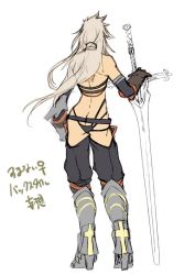 Rule 34 | 1girl, armor, ass, balmung (fate/apocrypha), dark skin, dark-skinned female, fate/apocrypha, fate/grand order, fate (series), from behind, full body, genderswap, genderswap (mtf), long hair, mine (odasol), panties, ponytail, siegfried (fate), simple background, solo, thong, translation request, underwear, white hair