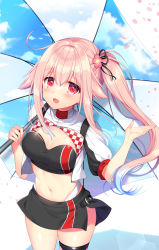 Rule 34 | ahoge, breasts, cherry blossoms, cleavage, hair flaps, harusame (kancolle), highres, kantai collection, leg strap, long hair, medium breasts, miniskirt, navel, pink hair, race queen, red eyes, ringo sui, side ponytail, sidelocks, skirt, solo, thigh strap, umbrella