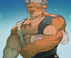 Rule 34 | 1boy, abs, animal ears, bara, borrowed character, cow ears, cow horns, disembodied limb, feather necklace, feeling muscles, furry, furry male, highres, horns, jewelry, large pectorals, light smile, male focus, me-me (mouact2), minotaur, muscular, muscular male, necklace, orange fur, original, pectorals, short hair, solo, upper body, veins, veiny arms