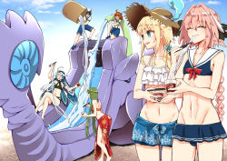 Rule 34 | 1girl, 2boys, 3others, ahoge, androgynous, asazuki norito, astolfo (fate), bare shoulders, bikini, bikini top only, black bikini, black bow, black hair, blonde hair, blue bikini, blue eyes, blue hair, blue skirt, blush, bow, braid, chevalier d&#039;eon (fate), chopsticks, closed eyes, closed mouth, collarbone, crossed legs, cup, eating, enkidu (fate), eyeliner, fate/apocrypha, fate/grand order, fate/strange fake, fate (series), food, frilled bikini, frilled bikini top, frills, fujimaru ritsuka (female), fujimaru ritsuka (male), green hair, hair between eyes, hair intakes, hat, long braid, long hair, looking to the side, makeup, miniskirt, multicolored hair, multiple boys, multiple others, navel, noodles, one side up, open mouth, orange bikini, orange eyes, orange hair, pink hair, ponytail, sailor collar, sarong, shi huang di (fate), side ponytail, sidelocks, single braid, skirt, smile, straw hat, streaked hair, swimsuit, thighs, trap, two-tone hair, very long hair, water slide, white bikini, white hair