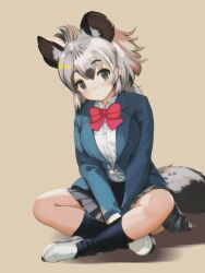 Rule 34 | 1girl, alternate costume, black socks, blue jacket, blush, bow, bowtie, brown hair, center frills, collared shirt, crossed legs, extra ears, frills, grey hair, grey skirt, hands on lap, highres, hyena ears, hyena girl, hyena tail, ieinu account, jacket, kemono friends, kemono friends 3, long sleeves, looking at viewer, multicolored hair, open clothes, open jacket, pleated skirt, red bow, red bowtie, school uniform, shirt, short hair, skirt, slippers, smile, socks, solo, spotted hyena (kemono friends), white footwear, white shirt