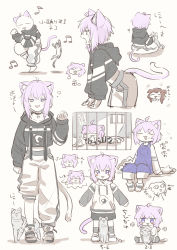 Rule 34 | +++, 2girls, :d, ^ ^, ahoge, animal, animal ear fluff, animal ears, animal hood, asymmetrical pants, beamed eighth notes, black hoodie, black shorts, blush stickers, braid, cat, cat ears, cat girl, cat hood, cat tail, closed eyes, commentary request, crop top, crying, dancing, drawstring, eating, eighth note, fake animal ears, food, grey background, hair between eyes, highres, hololive, hood, hoodie, inugami korone, layered sleeves, long sleeves, midriff, multiple girls, multiple views, musical note, nekomata okayu, nekomata okayu (1st costume), open mouth, overalls, pants, pink hair, plate, ponono, prison, prison clothes, purple eyes, sandwich, shirt, short over long sleeves, short shorts, short sleeves, shorts, sitting, sleeves past wrists, smile, standing, standing on one leg, streaming tears, striped clothes, striped pants, striped shirt, tail, tears, temari (nekomata okayu), translation request, twin braids, virtual youtuber, white hoodie, white pants, white shirt