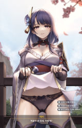 Rule 34 | 1girl, absurdres, armor, black panties, black thighhighs, braid, bridal gauntlets, cameltoe, closed mouth, clothes lift, commentary, commentary request, cowboy shot, dialogue box, english commentary, flower, gameplay mechanics, genshin impact, hair flower, hair ornament, highres, japanese clothes, kie (wylee2212), kimono, kimono lift, korean text, lifted by self, long hair, looking at viewer, low-braided long hair, low-tied long hair, mixed-language commentary, mole, mole under eye, nail polish, outdoors, panties, purple eyes, purple hair, purple kimono, purple nails, raiden shogun, shoulder armor, shrug (clothing), smile, solo, thighhighs, translation request, underwear