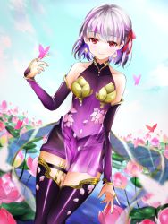 Rule 34 | 1girl, absurdres, arm at side, bad id, bad pixiv id, bare shoulders, blue sky, breasts, bug, butterfly, butterfly on hand, closed mouth, cloud, covered collarbone, day, detached sleeves, earrings, fate/grand order, fate (series), flower, hair ribbon, hand up, highres, huge filesize, insect, jewelry, kama (fate), kama (first ascension) (fate), legs together, lily pad, long sleeves, lotus, multicolored hair, outdoors, pink flower, purple hair, purple thighhighs, red eyes, red ribbon, ribbon, ring, see-through, shiki kayanotani, short hair, sky, small breasts, smile, thigh strap, thighhighs, two-tone hair, white hair