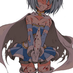 Rule 34 | 10s, 1girl, bad id, bad pixiv id, bare shoulders, blood, blue hair, cape, foreshortening, head out of frame, injury, magical girl, mahou shoujo madoka magica, mahou shoujo madoka magica (anime), miki sayaka, open mouth, seidou (tukinomiyako), short hair, simple background, solo, sword, thighhighs, torn cape, torn clothes, weapon