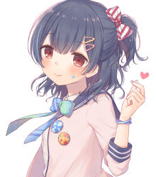 1girl black_hair black_sailor_collar blue_bow blue_nails blush bow brown_eyes closed_mouth collared_shirt commentary_request diagonal_stripes dress_shirt facial_mark green_bow grey_jacket hair_bow hair_ornament hairclip hand_up heart highres idolmaster idolmaster_shiny_colors jacket kazane_mari long_sleeves looking_at_viewer morino_rinze nail_polish one_side_up open_clothes open_jacket sailor_collar school_uniform shirt simple_background smile solo star_(symbol) striped striped_bow upper_body white_background white_shirt