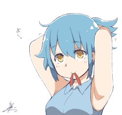 Rule 34 | 1girl, absurdres, armpits, arms up, blue hair, blue shirt, bunching hair, collared shirt, highres, mouth hold, personification, ponytail, red ribbon, ribbon, ribbon in mouth, unworn ribbon, shirt, sidelocks, signature, simple background, sleeveless, sleeveless shirt, solo, translation request, tsukigi, twitter, twitter-san, twitter-san (character), tying hair, upper body, white background, yellow eyes