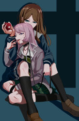 Rule 34 | 2girls, absurdres, apple, bang dream!, bang dream! it&#039;s mygo!!!!!, black socks, blood, blood from mouth, blood on hands, blue eyes, blue shirt, blue skirt, brown footwear, brown hair, chihaya anon, collar, collared shirt, commentary, english commentary, food, fruit, full body, green necktie, green skirt, grey jacket, hand on another&#039;s arm, haneoka school uniform, highres, holding, holding food, holding fruit, holding leash, jacket, kneehighs, kneeling, leash, loafers, long hair, long sleeves, looking at another, looking at viewer, multiple girls, nagasaki soyo, necktie, parted lips, pink hair, pleated skirt, school uniform, shadow, shirt, shoes, sitting, skirt, socks, tsukinomori school uniform, white shirt, yuri, zarakaga