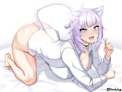 Rule 34 | 1girl, animal ear fluff, animal ears, ass, blush, bottomless, breasts, cat ears, cat girl, cat tail, cleavage, collared shirt, dress shirt, handplug, highres, hololive, large breasts, light purple hair, long sleeves, looking at viewer, nekomata okayu, open mouth, purple eyes, shirt, short hair, smile, solo, tail, virtual youtuber, white shirt