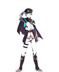 Rule 34 | 1boy, amamine shu, belt, black cape, black headwear, blue eyes, blue hair, boots, cape, full body, gloves, hair between eyes, highres, idolmaster, idolmaster side-m, idolmaster side-m growing stars, long sleeves, looking at viewer, male focus, official art, short hair, smile, transparent background, white gloves
