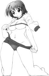 Rule 34 | 00s, 1girl, barefoot, breasts, comic party, face, foreshortening, greyscale, hip focus, kneeling, large breasts, monochrome, oba eimi, ooba eimi, solo, underboob, wide hips, yamaguchi homupe