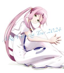 Rule 34 | 1girl, 2024, aria (manga), aria company uniform, closed mouth, dated, dress, foot out of frame, green eyes, hair rings, hair tubes, head tilt, impossible clothes, impossible dress, knee up, long hair, looking at viewer, mizunashi akari, official alternate hairstyle, own hands together, parted bangs, pink hair, ponytail, sailor collar, shadow, short sleeves, simple background, sitting, smile, solo, very long hair, vetro, white background, white dress