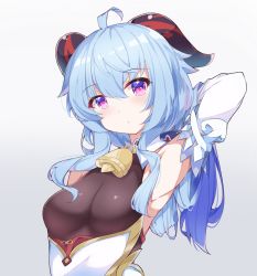 Rule 34 | 1girl, :o, ahoge, armpits, bare shoulders, blue hair, blush, bodysuit, breasts, brown bodysuit, commentary request, detached sleeves, fuuna, ganyu (genshin impact), genshin impact, gradient background, grey background, hair between eyes, highres, horns, long hair, long sleeves, looking at viewer, medium breasts, parted lips, pink eyes, solo, upper body, white sleeves
