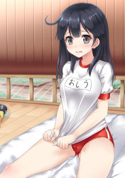 Rule 34 | 10s, 1girl, ahoge, alternate costume, bare legs, black eyes, black hair, blunt bangs, blush, breasts, buruma, bush, cameltoe, cowboy shot, crying, crying with eyes open, embarrassed, failure penguin, grass, gym shirt, gym uniform, indoors, kantai collection, kyamu (qqea92z9n), large breasts, long hair, looking at viewer, mat, name tag, open mouth, raised eyebrows, shirt, shirt tug, short sleeves, single vertical stripe, sitting, solo, spread legs, stuffed animal, stuffed penguin, stuffed toy, tears, thighs, ushio (kancolle), wavy mouth, white shirt, window, wooden floor