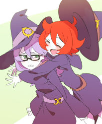 Rule 34 | 10s, 2girls, belt, bokujoukun, croix meridies, closed eyes, glasses, green eyes, hat, hat flying off, hug, hug from behind, little witch academia, multiple girls, purple hair, red eyes, robe, shiny chariot, short hair, sketch, sneer, witch, witch hat, aged down