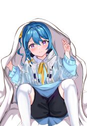 Rule 34 | 1girl, absurdres, bed, bed sheet, blanket, blue hair, blush, blush stickers, bow, closed mouth, commission, commissioner upload, highres, jacket, long hair, looking at viewer, purple eyes, ribbon, see-through, see-through jacket, shorts, simple background, sitting, smile, thighhighs, thighs, under covers, v&amp;u entertainment, virtual youtuber, white background, zeli zuimu