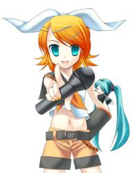 Rule 34 | 2girls, :d, bad id, bad pixiv id, belt, blouse, buckle, cowboy shot, detached sleeves, eko, foreshortening, hair ornament, hair ribbon, hairclip, hatsune miku, holding, kagamine rin, long sleeves, looking at viewer, microphone, midriff, multiple girls, navel, open mouth, pointing, pointing at viewer, ribbon, shirt, short shorts, short sleeves, shorts, smile, stomach, swept bangs, tattoo, twintails, vocaloid, white shirt