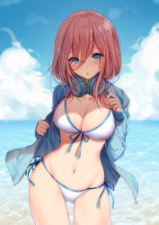 Rule 34 | 1girl, :o, bikini, bison cangshu, blue eyes, blue jacket, blue sky, blush, breasts, cleavage, cloud, cloudy sky, collarbone, commentary request, cowboy shot, day, front-tie bikini top, front-tie top, gluteal fold, go-toubun no hanayome, groin, hair between eyes, headphones, headphones around neck, highres, horizon, jacket, large breasts, long hair, long sleeves, looking at viewer, nakano miku, navel, ocean, open clothes, open jacket, parted lips, red hair, side-tie bikini bottom, sky, solo, standing, stomach, swimsuit, thighs, water, white bikini