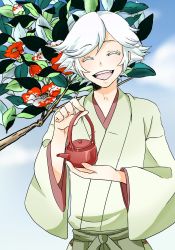 Rule 34 | 1boy, belt, blue sky, blush, closed eyes, cloud, cloudy sky, flower, happy, holding, japanese clothes, kamisama hajimemashita, long sleeves, male focus, mizuki (kamisama hajimemashita), nature, open mouth, outdoors, plant, short hair, sky, smile, solo, swept bangs, teapot, traditional clothes, tree, white hair, wide sleeves
