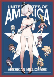 Rule 34 | 6+girls, ;d, absurdres, american flag, andrew carnegie, annotated, bikini, black eyes, blonde hair, blue eyes, blue hair, blue one-piece swimsuit, blush, border, bow, bowtie, breasts, cane, cleavage, cornelius vanderbilt, donald trump, eleuthere irenee du pont, genderswap, genderswap (mtf), gloves, hair over one eye, hat, henry ford, highres, j. p. morgan, john d. rockefeller, looking at viewer, medium breasts, mini hat, mini top hat, monocle, multiple girls, one-piece swimsuit, one eye closed, open mouth, original, pink bikini, pink hair, polka dot, polka dot bikini, purple hair, red bikini, red border, school swimsuit, short hair, shorts, smile, swimsuit, tansuke, thomas edison, top hat, twintails, white bikini, white gloves, aged down