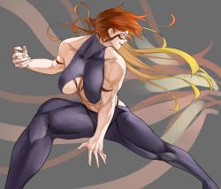 Rule 34 | 1girl, abs, absurdres, banryu illust, bare arms, bare shoulders, biceps, blonde hair, body markings, breasts, cleavage, clenched hand, facial mark, fighting stance, fuuma kotarou (tenkaichi), gradient hair, grey background, halterneck, highres, japanese clothes, large breasts, long hair, looking at another, looking to the side, multicolored hair, muscular, muscular female, open hand, orange hair, red eyes, red hair, smile, smirk, smug, tenkaichi nihon saikyou bugeisha ketteisen, thick thighs, thighs