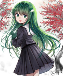 1girl black_serafuku black_skirt frog_hair_ornament green_eyes green_hair hair_ornament happy highres kochiya_sanae leaf long_hair looking_at_viewer nature open_mouth sailor_collar school_uniform serafuku shirt signature skirt smile solo stuffed_toy touhou tree yolandabaka