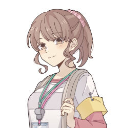 Rule 34 | 1girl, armband, breasts, brown eyes, brown hair, commentary, hair ornament, hair scrunchie, highres, lanyard, layered shirt, layered sleeves, long sleeves, maimaimaigoen, medium breasts, pastea, pink scrunchie, red shirt, rumi (maimaimaigoen), scrunchie, shirt, short over long sleeves, short sleeves, simple background, smile, solo, upper body, whistle, whistle around neck, white background, white shirt, yellow armband